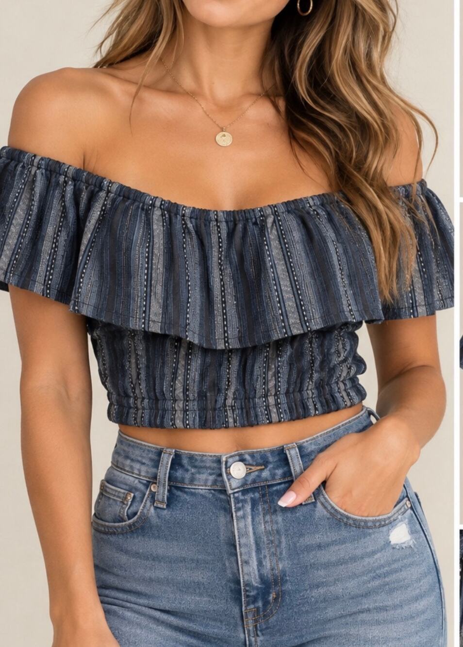 Francesca’s Blue Rain Striped Off Shoulder Ruffle Crop Top Size Small NWT